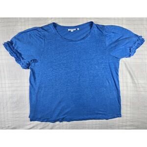 Chico's Womens 100% Linen Tiered Ruffle Puff Sleeve Gauzy Boxy Tee Blue XL